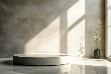 Minimalist scene with a round marble podium, sunlit wall, and delicate flowers in a black vase.
