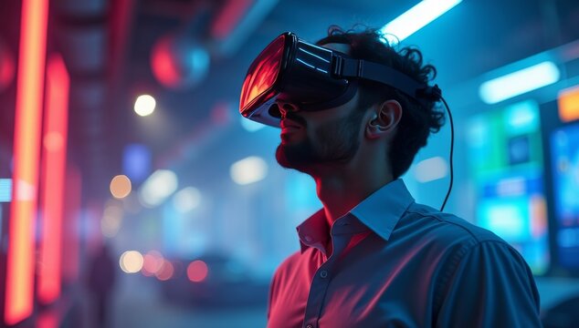 Man wearing VR glasses virtual Global Internet connection metaverse with a new experience in metaverse virtual world. Metaverse technology concept Innovation of futuristic