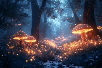 Glowing mushrooms, enchanted forest path, night, fantasy
