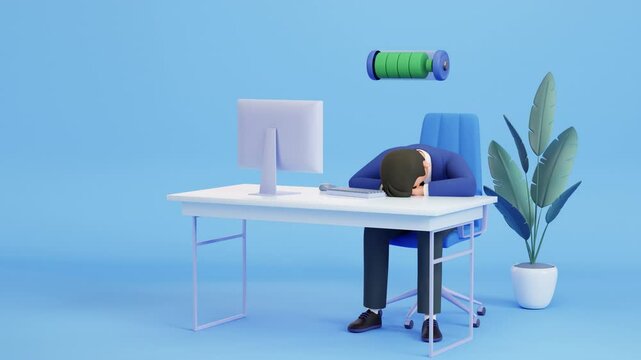 Tired, exhausted man at work place, 3d character animation. Low battery, lack of energy, low charge concept. Professional burnout, sleepy, overworked and overload office worker. Deadline, stress