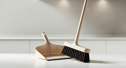 Minimalist cleaning tools on a countertop, cleanliness concept