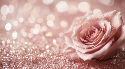 Pink rose on glitter, bokeh background; Valentine's card