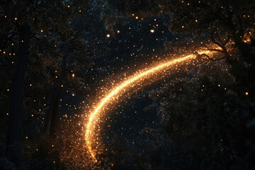 Obraz premium A luminous trail of golden sparkles arcs through a dark, starry night sky, nestled amongst the silhouettes of trees.