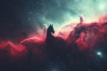 Obraz premium Mystical Space Horse Silhouette in Cosmic Nebula – Fantasy Sci-Fi Galaxy Art, Surreal Astronomical Dreamscape