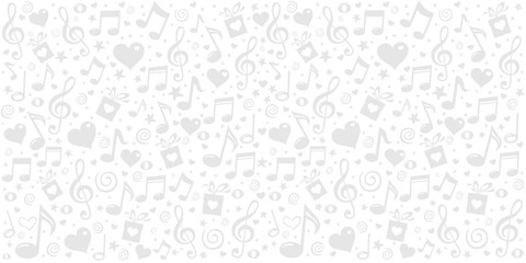 Music notes seamless pattern backdrop, Music note background, Seamless pattern texture design. Monochrome gray and white music note pattern. Horizontal posters, greeting cards, header, website. Vector