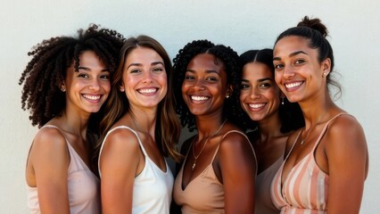 A captivating beauty portrait of a diverse group of female fashion models, each with radiant, glowing skin and unique natural features. This close-up face shot highlights a variety of skin tones