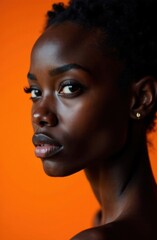 Close-up image of a Black woman with curly locks, highlighting her sad expression and luminous skin. Her thoughtful look radiates warmth and self-assurance