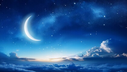 A breathtaking night sky featuring a glowing crescent moon and soft clouds, radiating peace and tranquility. The deep blue hues and stars create a dreamy atmosphere, symbolizing deep sleep and relax
