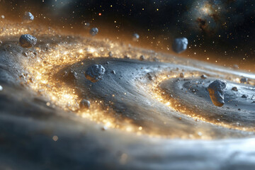 A swirling cosmic dust cloud with glowing particles and asteroids moving in a spiral path.