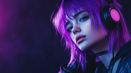 Fototapeta premium Beautiful woman with purple hair in futuristic costume over dark background. Blue and violet neon light. Portrait of young girl in modern headphones listening music. Free space for text.