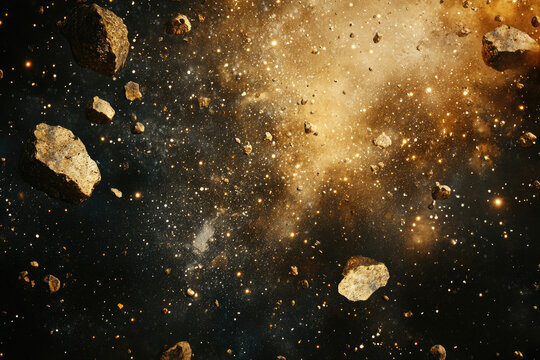 Golden asteroid field in a nebula, cosmic dust and glittering stars.