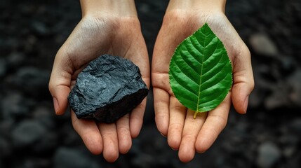 Hands holding coal and leaf, contrasting energy choices, dark background, environmental concept