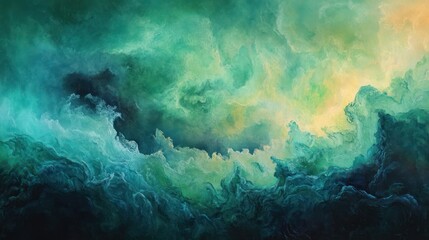 Obraz premium Abstract green nebula cloudscape, cosmic art, fantasy background, design texture