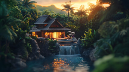 Obraz premium Tilt-shift photography of an island cabin in the jungle with a waterfall