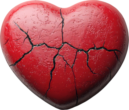 Cracked red heart, glossy texture, isolated on transparent background, PNG format, representing heartbreak, sadness, emotional pain, love loss, and sorrow