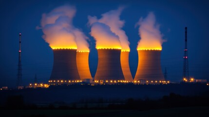 Nighttime Nuclear Plant Cooling Towers Glowing