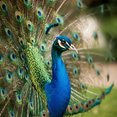 Majestic peacock displaying vibrant feathers in nature, beauty of wildlife