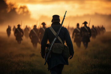 group of Revolutionary War soldiers march through misty field at sunrise