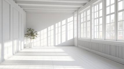 Obraz premium Sunlit minimalist room, white walls, wood floor, city view