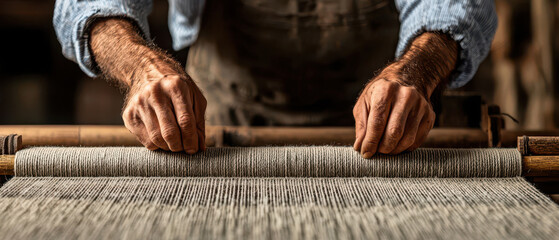 skilled artisan weaves fabric on traditional loom, focusing intently on intricate process