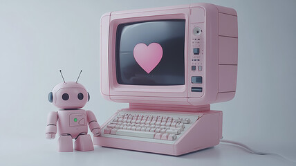 A full-body pink vintage-style girl robot toy, designed like an old computer, with a glowing heart on its screen against a white background.