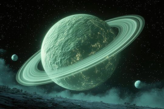 A luminous green planet with prominent rings dominates a dark, starry space, accompanied by smaller celestial bodies.