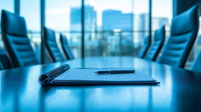 Modern Office Conference Room Meeting Table Setup Blue Theme Notepad Pen Corporate Business Workplace Professional Success Strategy Planning Elegant  