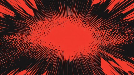 Red and black burst background; graphic design
