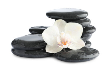 Wet spa stones and beautiful flower isolated on white