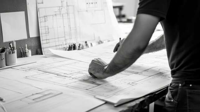 Architects concept, engineer architect designer freelance work on start-up project drawing, construction plan architect design working drawing sketch plans blueprints and making construction model