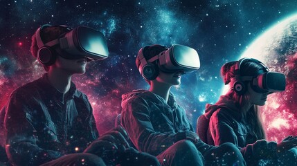 Fototapeta premium People wearing VR glasses and floating in space. Vector metaverse and new network for character gamers. Future innovations and communication concept. Entertainment and visual experience technology.