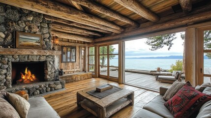 Cozy lakefront cabin interior fireplace view