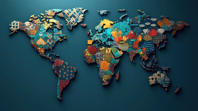 Fototapeta World map, patchwork design, teal backdrop, cultural diversity