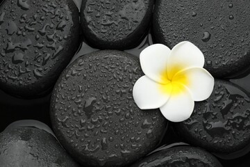 Spa stones and plumeria flower on water surface, top view