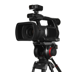 Modern professional video camera isolated on white