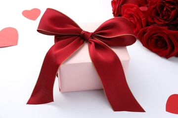 Gift box with red bow, beautiful roses and paper hearts on white background