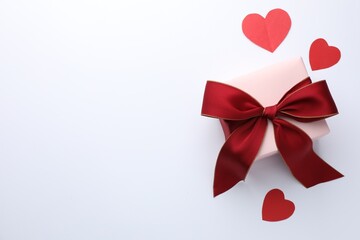 Gift box with red bow and paper hearts on white background, flat lay. Space for text