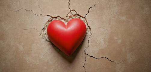 A vibrant red heart emerges from a cracked surface, symbolizing the strength of love in challenging situations. The contrast highlights resilience and emotional depth