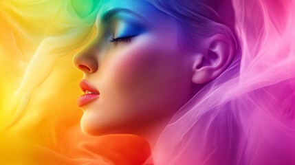 Vibrant Rainbow Makeup Artistic Portrait Woman Face Colorful Veil Fashion Beauty Soft Light Dreamy Sensual Elegant Graceful Tender Romantic Gentle    