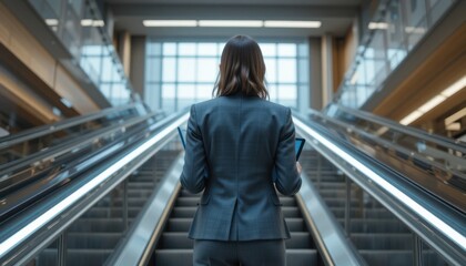 Businesswoman ascends escalator, modern airport lobby, future
