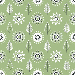 Floral seamless geometric pattern on a light green background. Decorative design, perfect for backgrounds, textiles, wallpaper, scrapbooking.