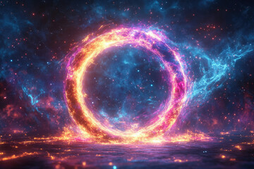 Obraz premium A fiery, cosmic ring of energy floats in a nebula, a vibrant spectacle of blue and orange hues.