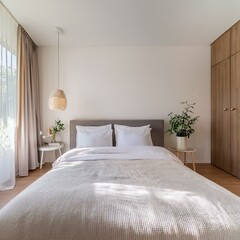 A modern minimalist bedroom with a perfectly made bed, white bedding, and soft natural light filtering through curtains. The simplicity and clean design evoke a sense of calm, rest, and a good night’s