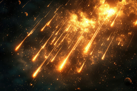 Fiery meteor shower streaks across a dark, starry expanse, illuminating celestial bodies.