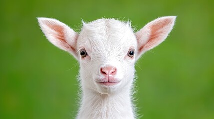 Obraz premium Adorable white kid goat, pasture background, farm animal portrait, perfect for children's books