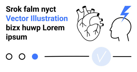 Human heart outline, head with a lightning bolt, random text in black and blue, and a checkmark within a circular checkbox. Ideal for medical concepts, creativity, biology themes, healthcare