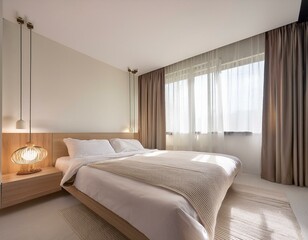 Fototapeta premium A modern minimalist bedroom with a perfectly made bed, white bedding, and soft natural light filtering through curtains. The simplicity and clean design evoke a sense of calm, rest, and a good night’s