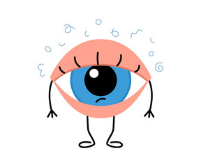 Obraz premium Eye with floaters spots, cute character. Myodesopsia. Strands, specks floating in vitreous. Health eyesight. Vector cartoon illustration