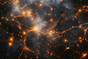 A cosmic web of galaxies and nebulae, glowing with orange light against a dark backdrop.