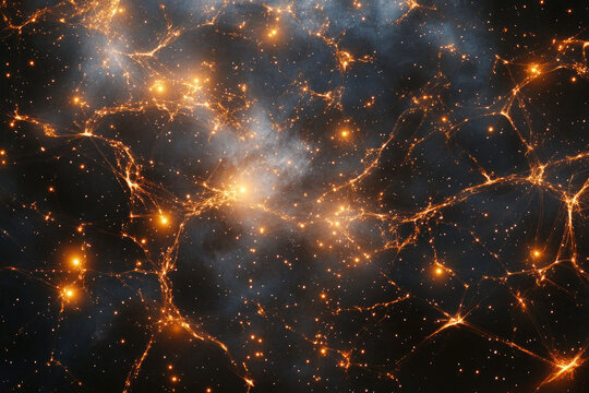 A cosmic web of galaxies and nebulae, glowing with orange light against a dark backdrop.